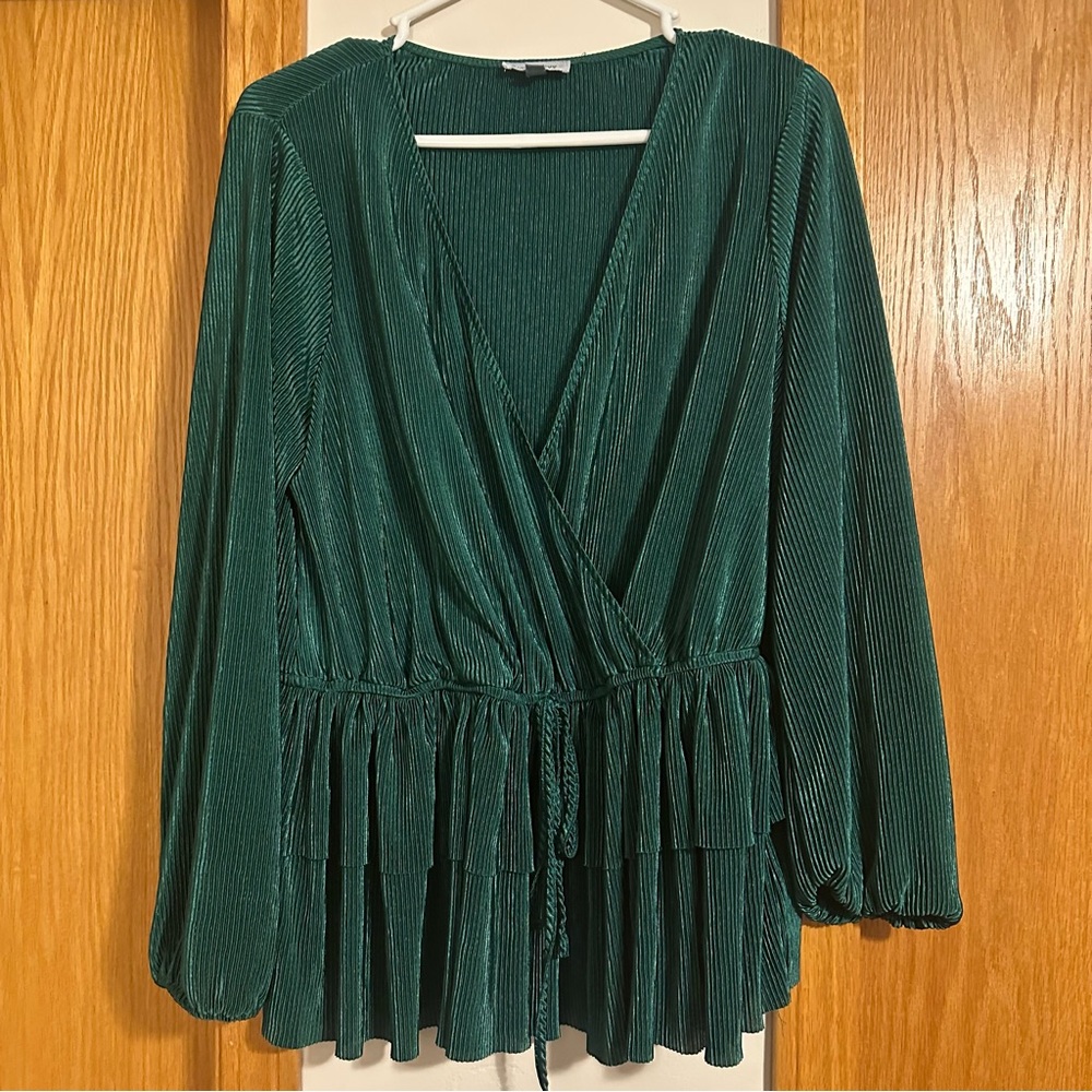 Green Pleated Wrap Blouse
